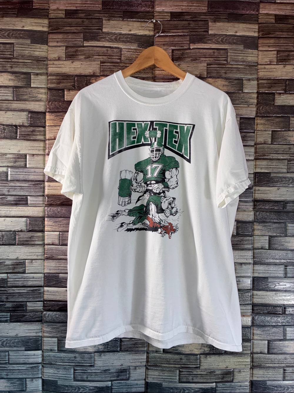Pre Owned Unbranded Hex Tex White Graphic Tee with Green Football # 17 Design